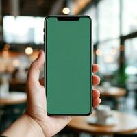 ai generativ hoch Qualität Clever Telefon auf Hand mit Grün Bildschirm foto