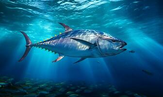 Rotes Riff Thunfisch Fisch Schwimmen im klar Ozean Wasser. ai generiert foto