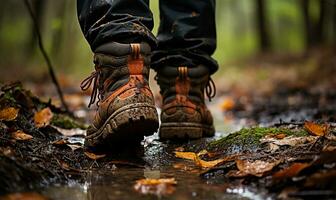 Wanderer schlammig Stiefel während Herbst. ai generiert foto
