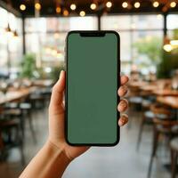 ai generativ hoch Qualität Clever Telefon auf Hand mit Grün Bildschirm foto