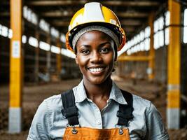 Foto von afrikanisch schwarz Frau wie ein Konstruktion Arbeiter mit Helm, generativ ai