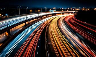 der Verkehr auf ein Autobahn beim Nacht. ai generiert foto