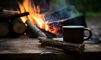Emaille Tasse von heiß dämpfen Kaffee Sitzung auf ein alt Protokoll. ai generiert foto