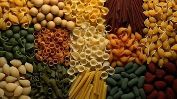generativ ai, Vielfalt von Typen, Farben und Formen von Italienisch Pasta, Textur Hintergrund foto
