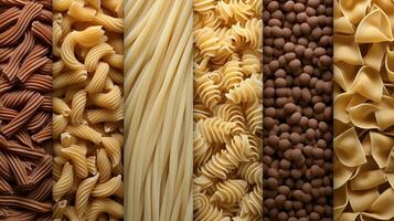 generativ ai, Vielfalt von Typen, Farben und Formen von Italienisch Pasta, Textur Hintergrund foto