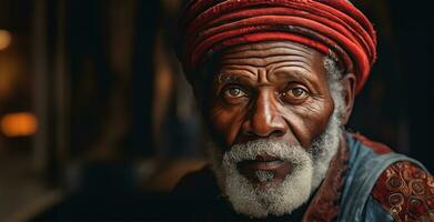 reifen alt schwarz Mann mit weise Augen und ein faltig Gesicht, mit ein Sinn von Weisheit, Leben Erfahrung, und ein tief Verbindung zu Menschheit. ai generiert foto