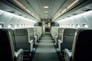 leeren Passagier Sitze im Kabine von das Flugzeug. Flugzeug Innere. generativ ai foto