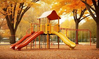 klein rutschen Stehen stolz im das Mitte von ein herbstlich Kinder Spielplatz. ai generiert foto