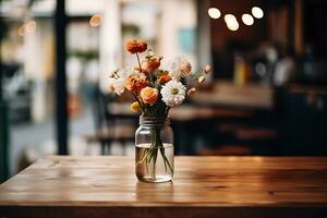 Nahansicht Schuss von ein Cafe hölzern Tabelle mit ein Krug von dekorativ Blumen foto