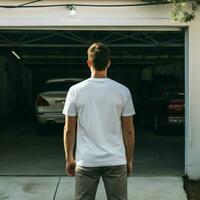 ai generativ ein Mann tragen ein einfach Weiß t - - Hemd auf das Garage gegenüber rückwärts, perfekt zu erstellen T-Shirt Attrappe, Lehrmodell, Simulation foto