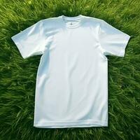 ai generativ hoch Qualität von leer Weiß T-Shirt auf das Grün Gras, perfekt zum Attrappe, Lehrmodell, Simulation Vorschau foto