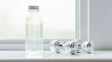 Nahansicht von Hanteln mit Trinken Wasser Flasche, Fenster Licht beim Nachmittag Hintergrund, ai generativ. foto