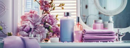 Baden Produkte im Badezimmer und Spa Shampoo mit Dusche Gel zum Kosmetika, durch ai generativ. foto