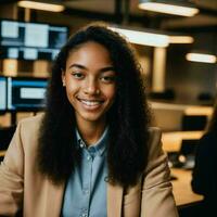 Porträt schließen oben von glücklich jung Teenager beim das Arbeiten Büro Raum, generativ ai foto