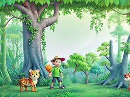 Wald Urwald Hintergrund mit Bäume und bunt Laub, mit Copyspace zum Text. Vektor Urwald zum Kinder. ai generiert foto