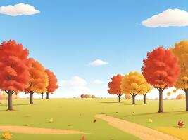 Landschaft von ein schön Herbst Park. schön Herbst Bäume, fallen bunt Blätter, Wolken und das Himmel. Vektor Baumwolle Illustration, ai generiert foto