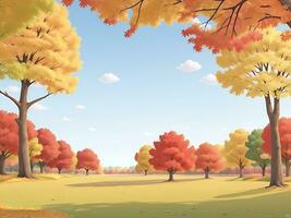 Landschaft von ein schön Herbst Park. schön Herbst Bäume, fallen bunt Blätter, Wolken und das Himmel. Vektor Baumwolle Illustration, ai generiert foto