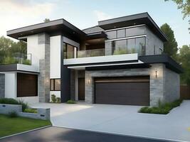 modern Design Deluxe Zuhause mit doppelt Garage und natürlich Stein Verzierungen, ai generiert foto