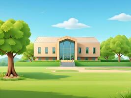 modern Schule Gebäude mit schön Natur Landschaft, zurück zu Bildung Konzept Karikatur Illustration, ai generiert foto