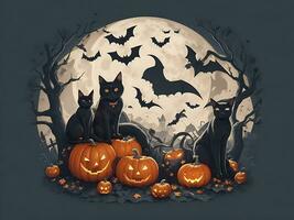 T-Shirt Design Halloween Szene mit schwarz Katzen, Spinnen und Kürbis, mit schön nachtaktiv Mond und Fledermäuse im das Hintergrund, generativ ai foto