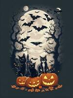 T-Shirt Design Halloween Szene mit schwarz Katzen, Spinnen und Kürbis, mit schön nachtaktiv Mond und Fledermäuse im das Hintergrund, generativ ai foto