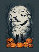 T-Shirt Design Halloween Szene mit schwarz Katzen, Spinnen und Kürbis, mit schön nachtaktiv Mond und Fledermäuse im das Hintergrund, generativ ai foto