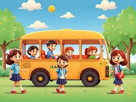 glücklich Kinder auf Schule Bus im das Park, ai generiert foto