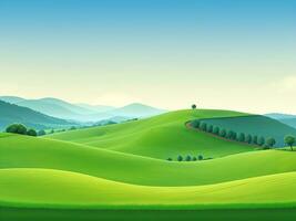 natürlich Abend Landschaft mit Grün Hügel, catton Illustration, ai generiert foto