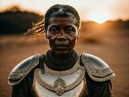 Foto von stark uralt Senior schwarz weiblich Krieger mit römisch Rüstung befleckt, generativ ai