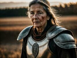 Foto von stark uralt Senior weiblich Krieger mit römisch Rüstung befleckt, generativ ai
