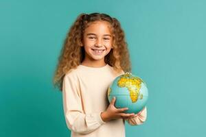 Schule Mädchen mit Globus im Hände foto
