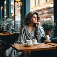 jung Frau im Straße Cafe foto