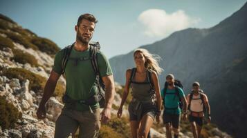 Wandern im das Dolomiten mit Rucksäcke auf das Weg foto