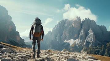 Wandern im das Dolomiten mit Rucksäcke auf das Weg foto