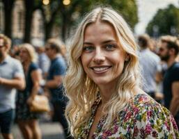 Foto von schön Frau beim Parade Straße im Europa Land, generativ ai