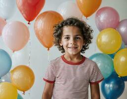 Foto Fotoshooting von Kind mit Luftballons auf Weiß Hintergrund, generativ ai
