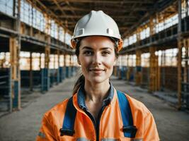 Foto von Frau wie ein Konstruktion Arbeiter mit Helm, generativ ai