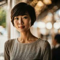 Foto von schön japanisch asiatisch Frau mit kurz Haar, generativ ai