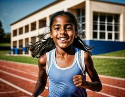 Foto von Mädchen Kinder Laufen Rennen Sport beim Schule, generativ ai