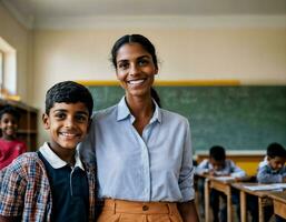 Foto von glücklich Lehrer und Kinder beim Schule Zimmer, generativ ai