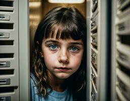 Foto von unheimlich Mädchen Kind im Schließfach Zimmer, generativ ai
