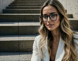 Foto von schön Frau mit schwarz Fett gedruckt Brille beim Treppe im Vorderseite von Gebäude, generativ ai