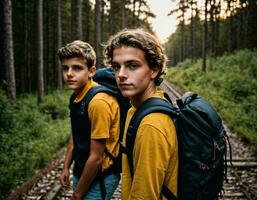 Foto Gruppe von Teenager wie ein Backpacker im das dunkel Holz, generativ ai