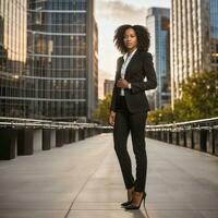 Foto von Clever afrikanisch Frau mit schwarz Geschäft passen beim groß modern Stadt, generativ ai
