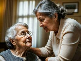 Foto von Frau nehmen Pflege Senior Frau beim heim, generativ ai