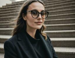 Foto von schön Frau mit schwarz Fett gedruckt Brille beim Treppe im Vorderseite von Gebäude, generativ ai