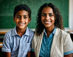 Foto von glücklich Lehrer und Kinder beim Schule Zimmer, generativ ai