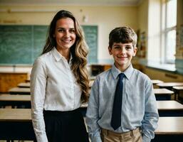 Foto von glücklich Lehrer und Kinder beim Schule Zimmer, generativ ai