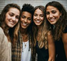 Gruppe von glücklich jung Teenager beim das Nacht Party, generativ ai foto