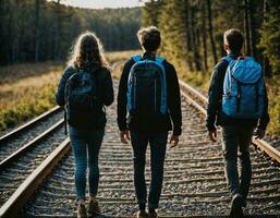 Foto Gruppe von Teenager wie ein Backpacker im das dunkel Holz, generativ ai